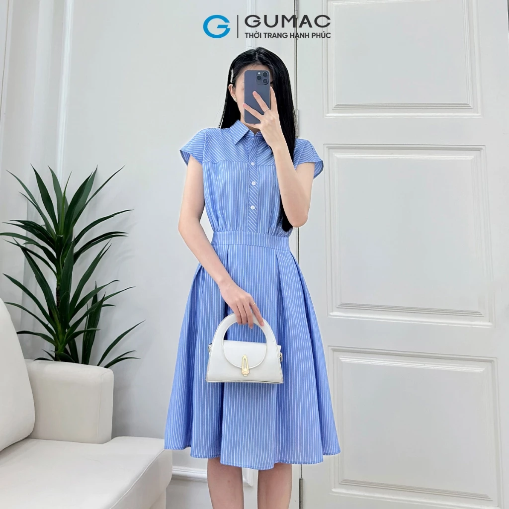 Đầm nữ A xòe cổ sơ mi rã đô trước phối sọc xéo công sở thanh lịch kate mềm mát thời trang GUMAC LDF0701