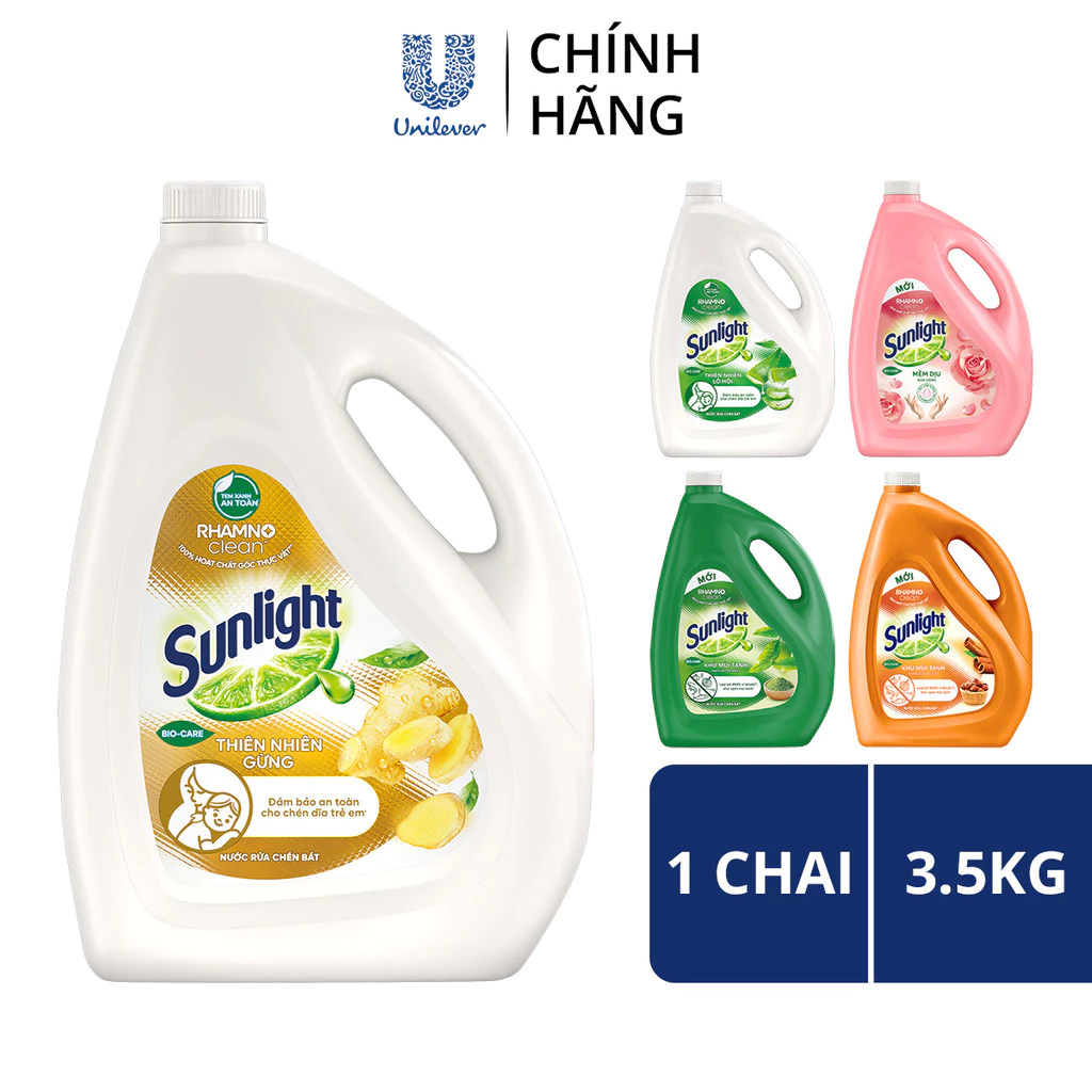 Nước rửa chén Sunlight Bio-care Thiên Nhiên 100% Gốc thực vật Lô Hội/Gừng/Trà Xanh/ Quế & Bồ hòn/Mềm dịu Chai 3.5/3.6kg