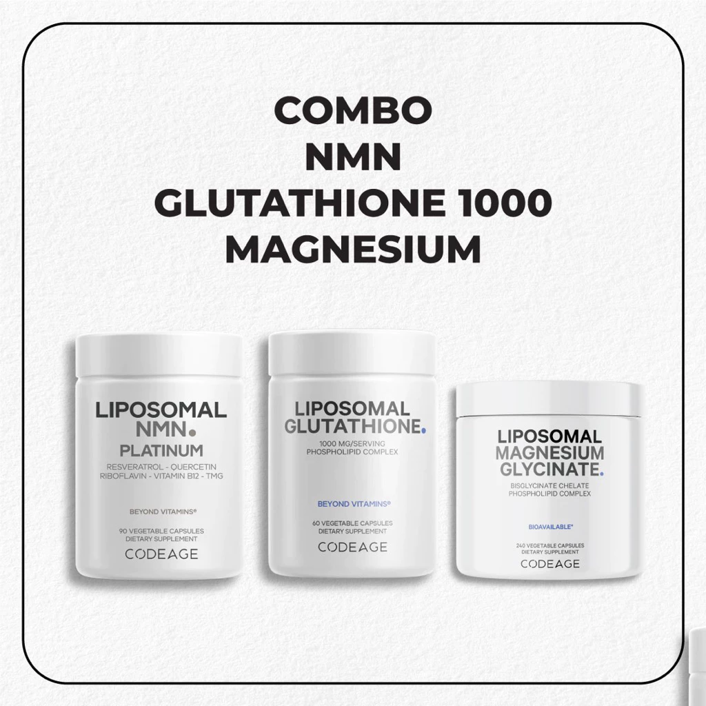 Combo các sản phẩm của Codage bao gồm NMN, Glutathione, Vitamin C, Collagen, Magnesium