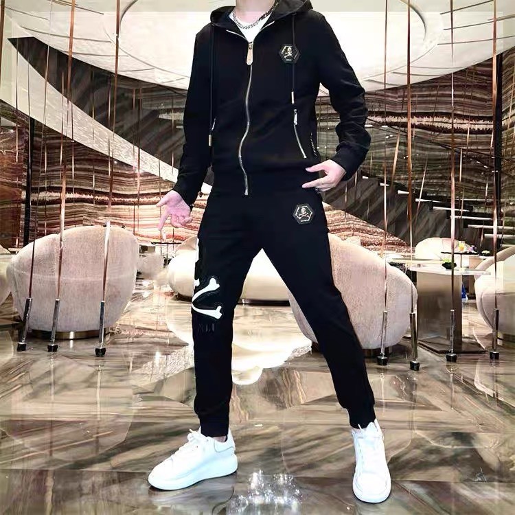 Bộ đồ nam, Quần áo thu đông nam có mũ in họa tiết độc lạ phong cách thê thao Philipp Plein