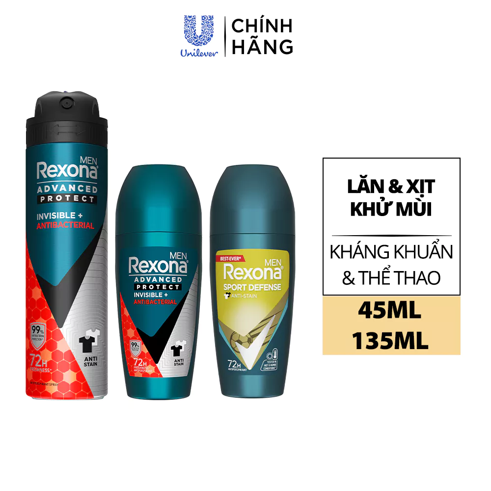 Xịt/lăn khử mùi Rexona 72H kháng khuẩn thể thao dành cho nam 135/45ml