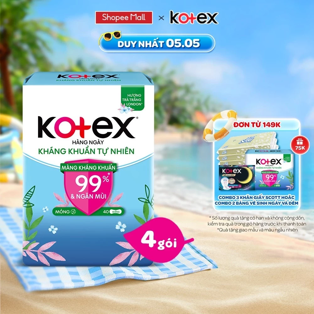 Combo 4 gói băng vệ sinh Kotex hằng ngày kháng khuẩn không cánh (40M/gói)