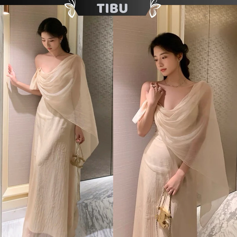 Đầm Maxi Khăn Choàng Lệch Vai Lạ Mắt TIBU Đầm Dự Tiệc Dáng Dài Sang Chảnh Tôn Dáng Đi Chơi Biển D421++