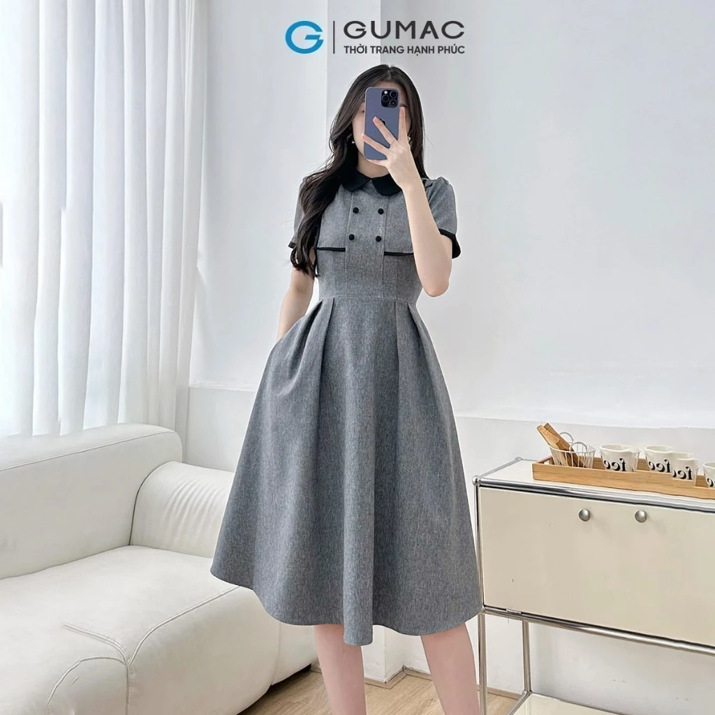 Đầm nữ A xòe màu xám phối lá cổ đen vải dày dặn tiểu thư thanh lịch thời trang GUMAC LDF0507
