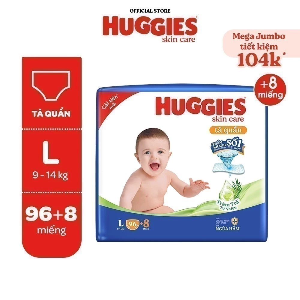 Tã quần Huggies Skincare Mega Jumbo M106/L96+8/XL84+4/XXL76+4 với tràm trà dịu da