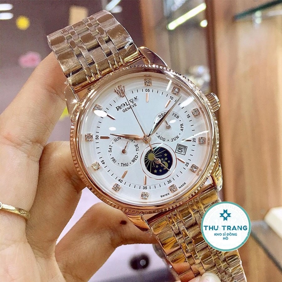 Đồng hồ Nam Rolex máy nhật, mẫu 6kim mặt số đính đá, mặt Trắng viền vàng,dòng cơ Automatic size 40mm-41m