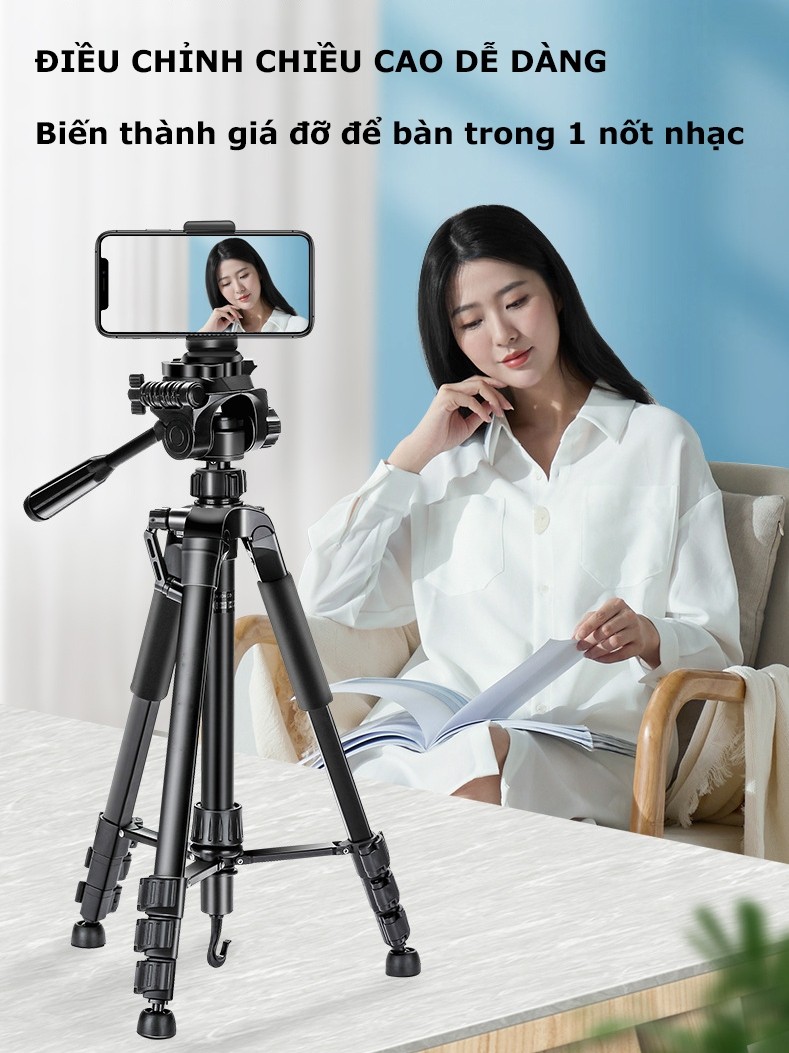 Tripod Điện Thoại Kiêm Chân Máy Ảnh 360 Độ 3 Chân Đa Năng, Điều Chỉnh Cao Thấp, Thiết Kế Chắc Chắn Cao 170cm - HOLOCOM