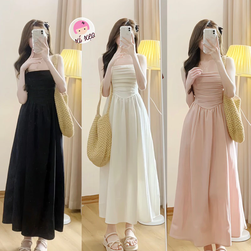 Váy 2 dây nữ cúp ngực xếp ly dáng dài, đầm maxi phong cách tiểu thư xixeoshop - V458