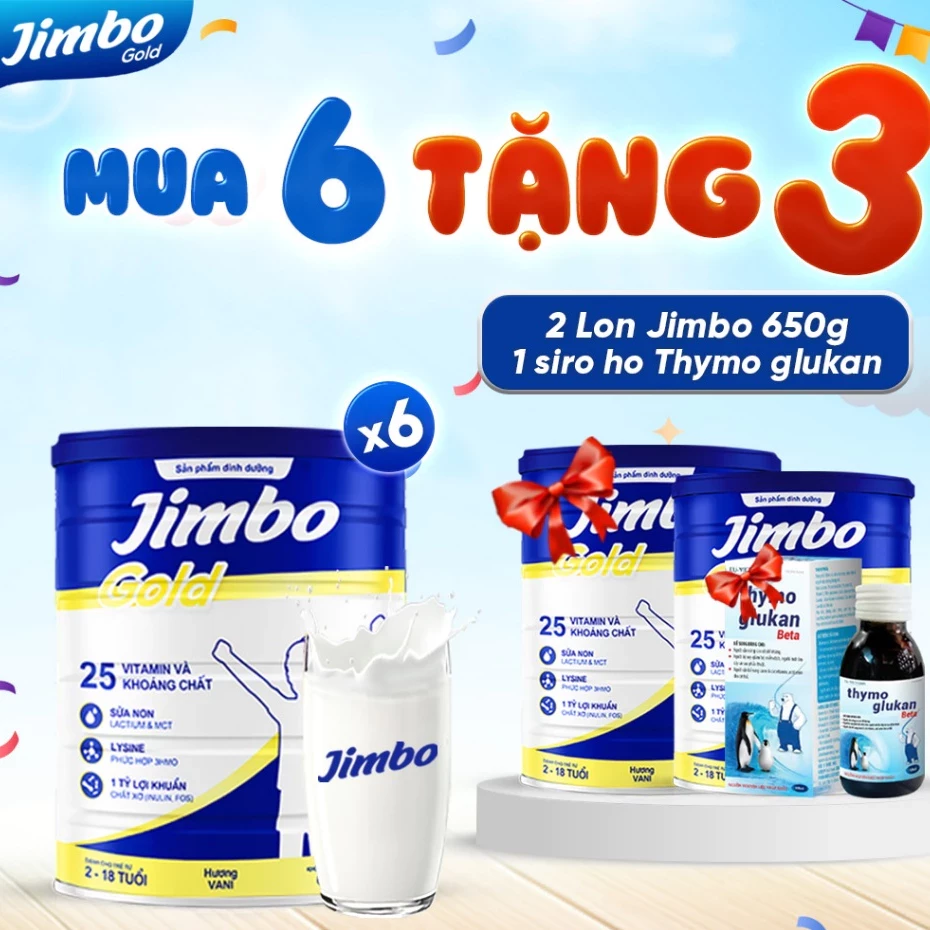 MUA 6 TẶNG 3 LON 650G. JIMBO - Sữa Non Tăng Cân Cho Bé, Hỗ Trợ Cải Thiện Tiêu Hóa, Phát Triển Toàn Diện, Bé Ăn Ngủ Ngon