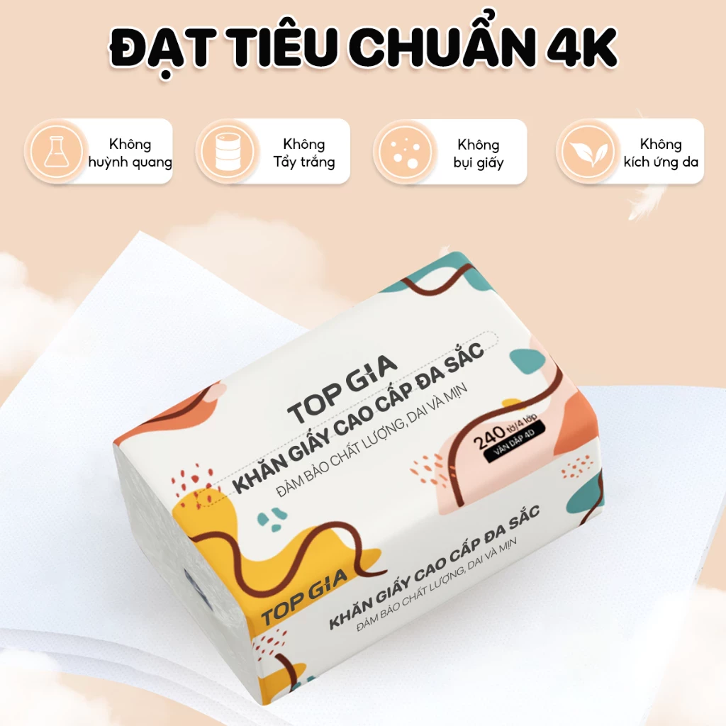 Giấy ăn rút Topgia thùng 40 gói đa sắc cao cấp 240 tờ 4 lớp, dập vân 4D, mềm mịn, thấm hút tốt