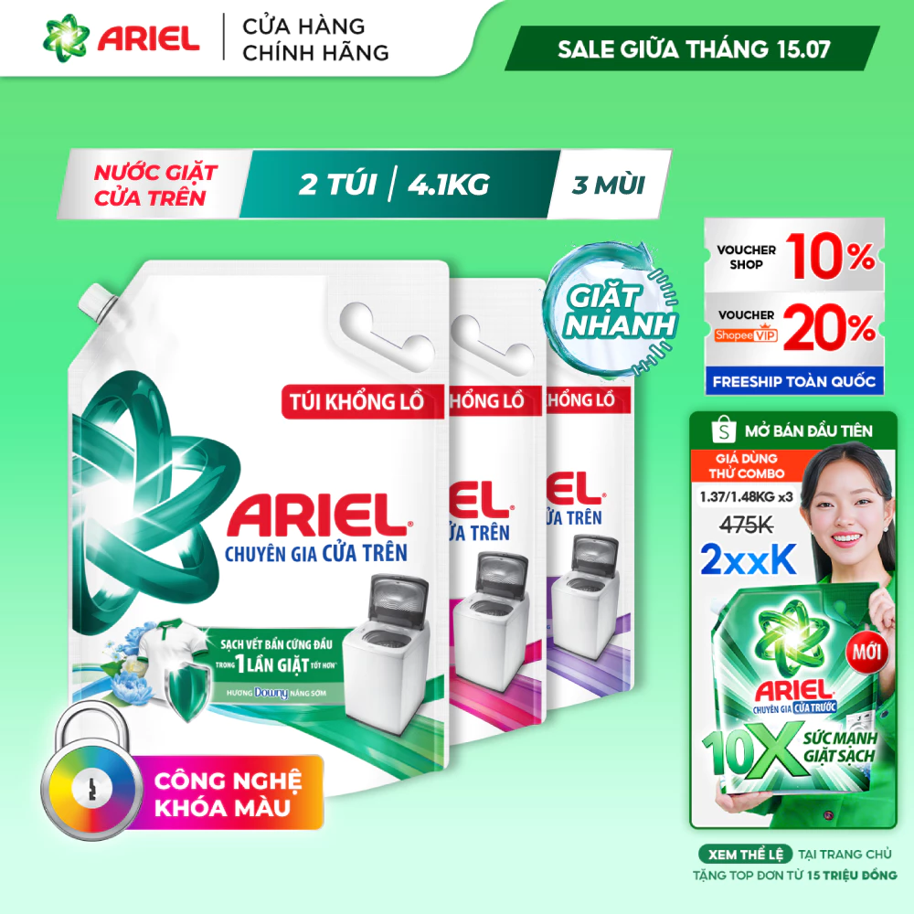 Combo 2 Nước Giặt ARIEL Chuyên Gia Cửa Trên Ngăn Lem Màu Hương Downy Nắng Sớm/ Nước Hoa/ Oải Hương Túi 4.1KG