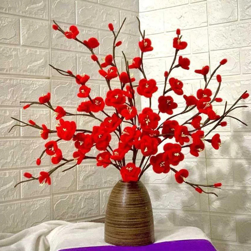 Set Nguyên Liệu Làm 15 Cành Hoa Đào Đỏ Hoa Mai Vàng Bằng Kẽm Nhung Trang Trí Nhà Cửa Decor Tết Không Kèm Bình
