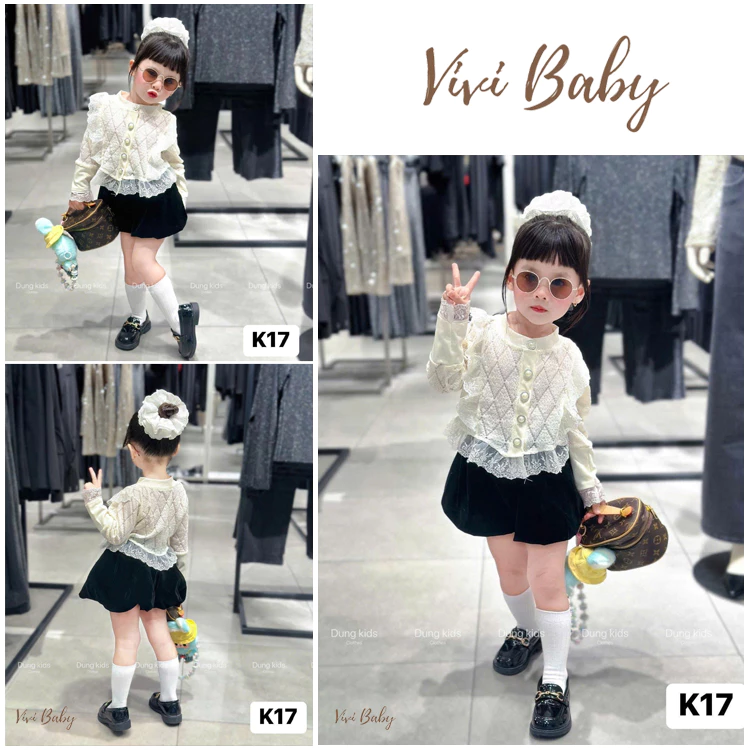 Set Bộ Áo Ren Bèo Tay Dài Mix Chân Váy Bí Phồng Điệu Đà Cho Bé Xinh