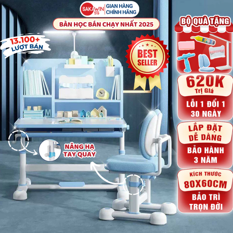 Bộ bàn học cho bé Sakawin A16 Plus, Bàn học chống gù có giá sách, Nâng hạ tay quay.