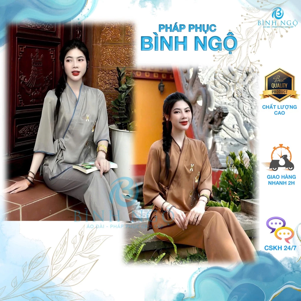 Đồ lam đi chùa nữ bộ pháp phục hoạ tiết chữ Tâm, vạt áo chéo, kín đáo, nhẹ nhàng thoải mái - Pháp Phục Bình Ngộ