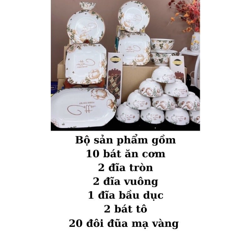 Bộ Tô Bát Chén Đĩa Sứ 20 Chi Tiết Cotton Havest Season Họa Tiết Hoa Hải Đường Đồ Sứ DecorTráng Men Cao Cấp