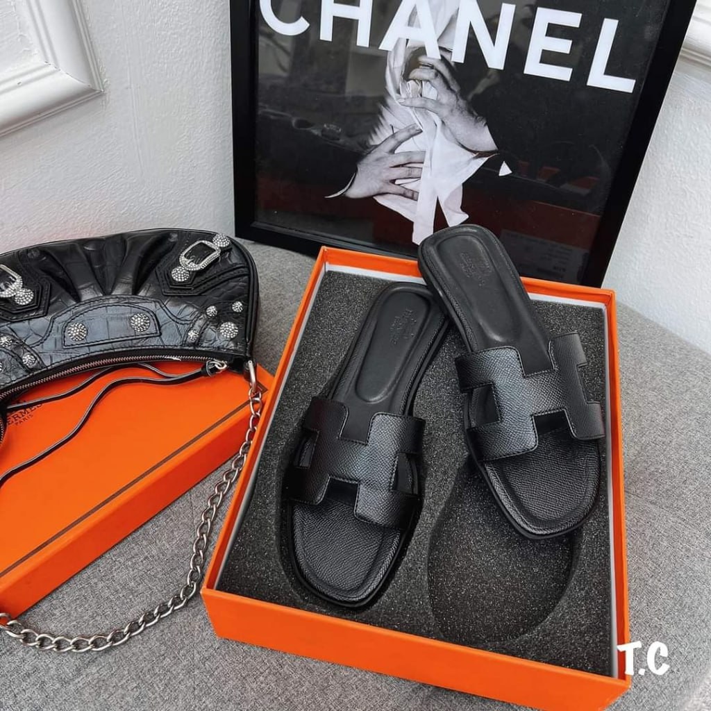 Dép_Hermes nữ màu đen vân nhám, Dép HM bản Like.Aut Oder mới 100% đầy đủ pk