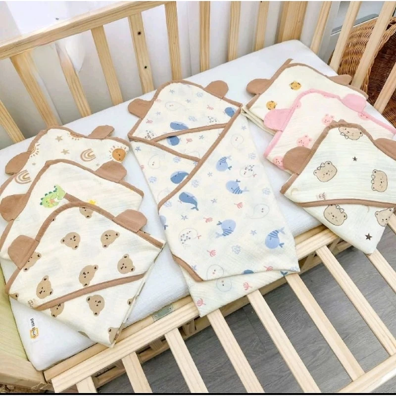 Choàng ủ xô đa năng, Choàng quấn Muslin 4 lớp, có mũ trùm đầu thoáng mát cho bé BB40