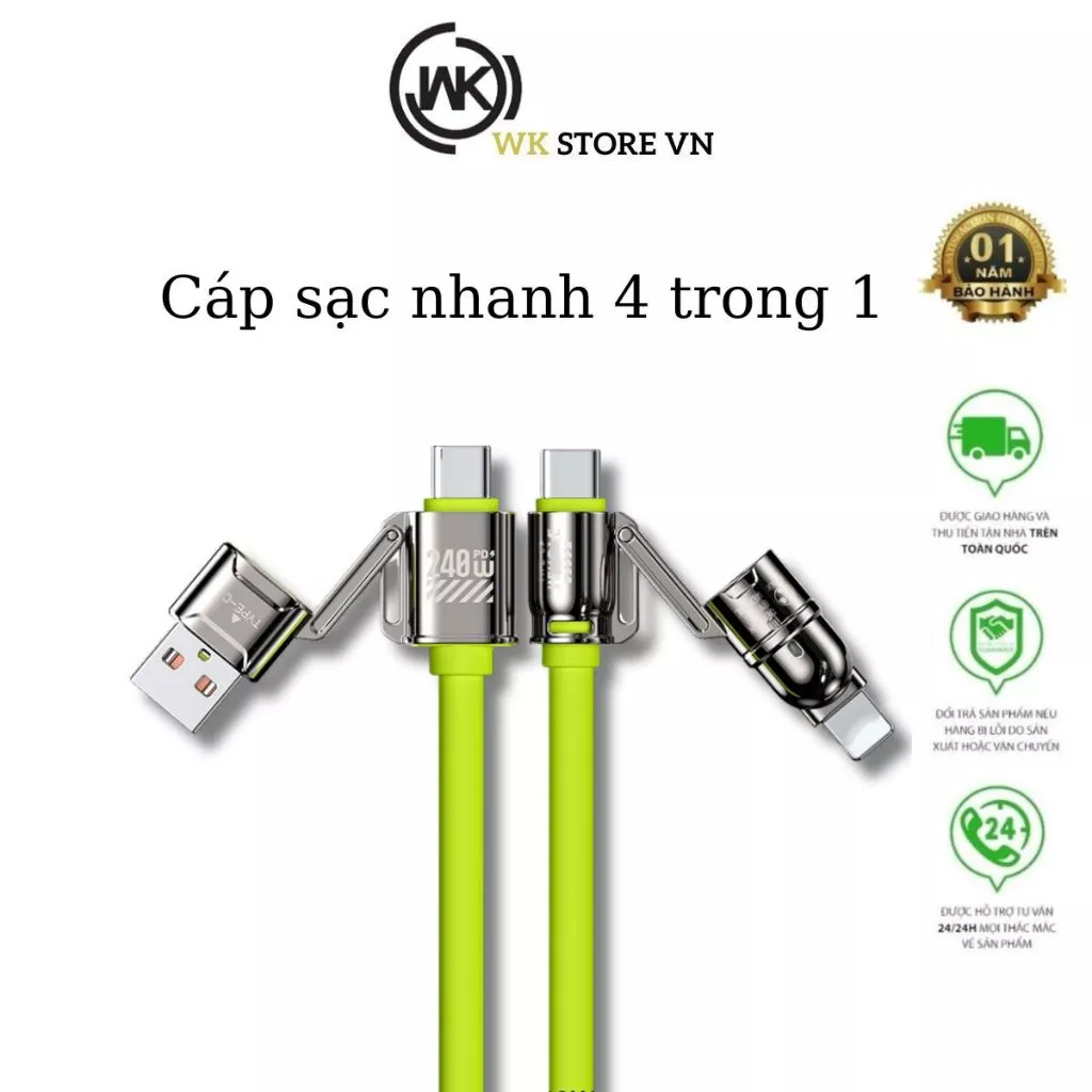 Cáp sạc nhanh 4 trong 1 WDC51 dây silicon chống bẩn,đầu bọc kim loại