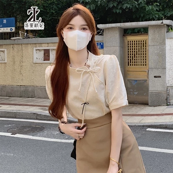 ZHELIHANGFEI Áo Sườn Xám Ngắn Tay Lưng Cao Họa Tiết Thổ Cẩm Trung Hoa Dễ Thương