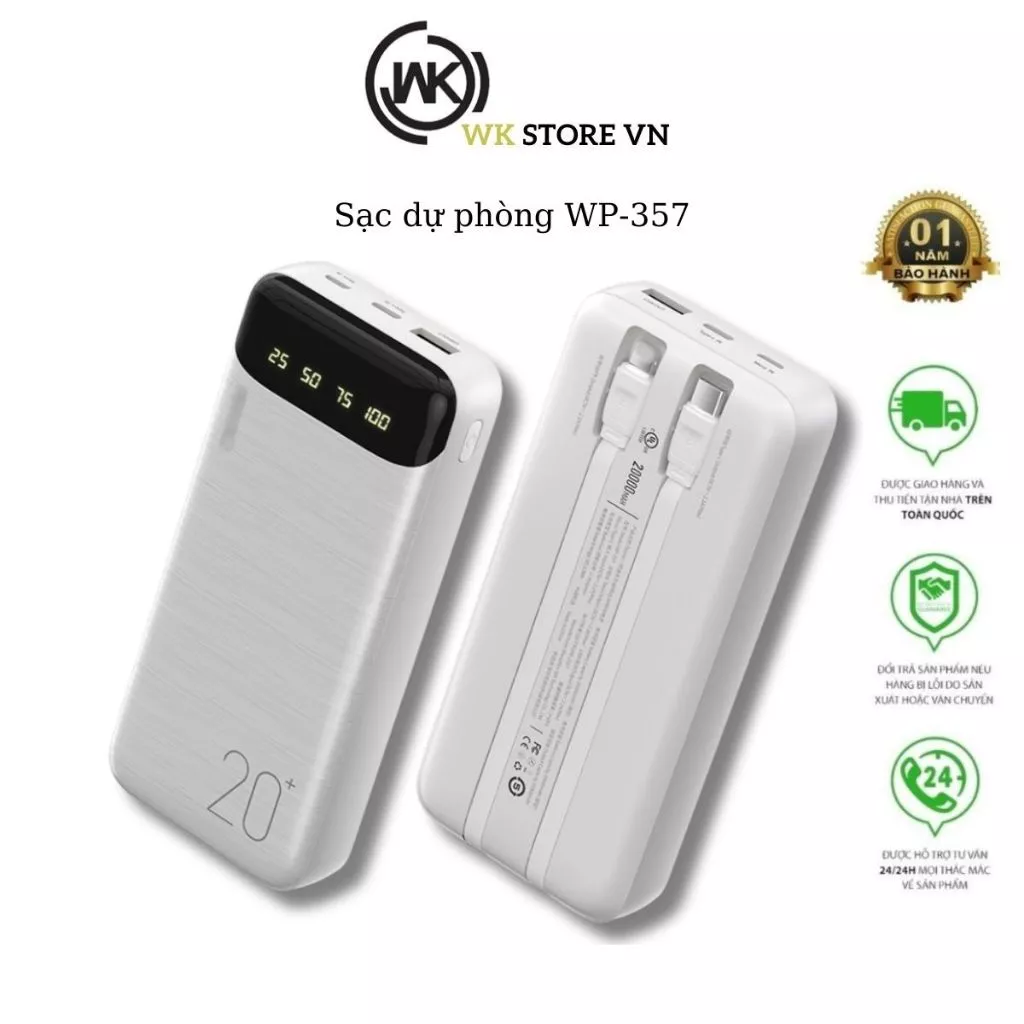 Sạc dự phòng kèm dây WK WP-357 dung lượng 20.000mAh sạc nhanh, sạc nhiều thiết bị cùng lúc, có màn hình LED hiển thị