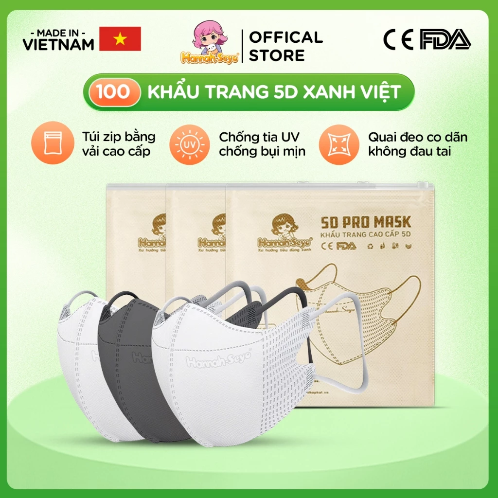 [Thùng 100 cái] Khẩu trang 5D XANH VIỆT chống tia UV chống nắng bụi mịn 3 lớp Hannah seyo