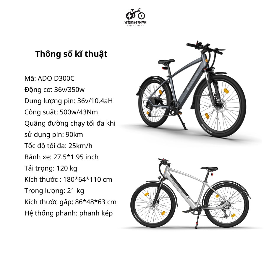 Xe Đạp Điện Trợ Lực ADO D300C - Xe đạp trợ lực, Hộp số Shimano 9 cấp, Bảo hành chính hãng 12 tháng