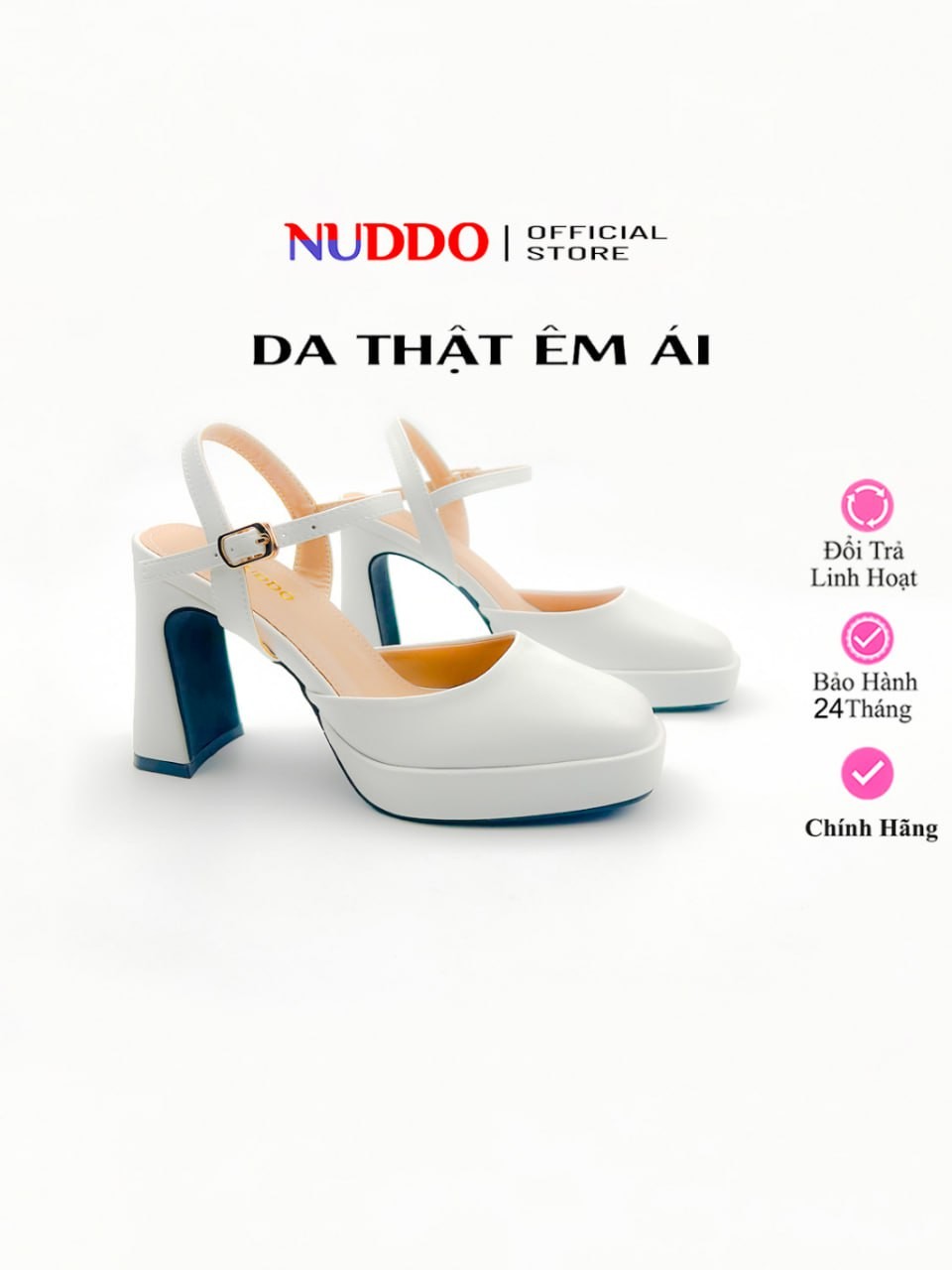 Giày Sandal Cao Gót Nữ Đế Vuông Bít Mũi 9 Phân Da Thật, Guốc Hoa Hậu Nữ Đế Đúp Mũi Vuông 9cm NUDDO N908