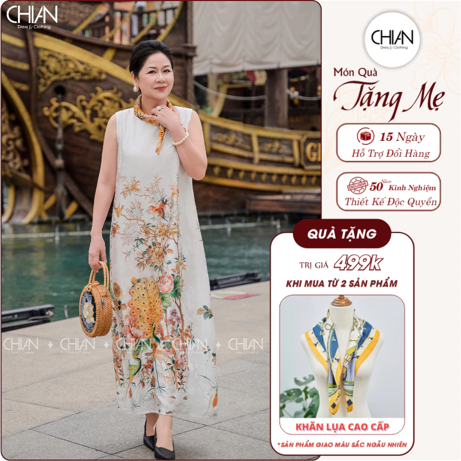 Đầm trung niên lụa trắng in chim công ChiAn Bigsize - CDSN25005W tôn dáng nhẹ nhàng, tặng mẹ yêu thương