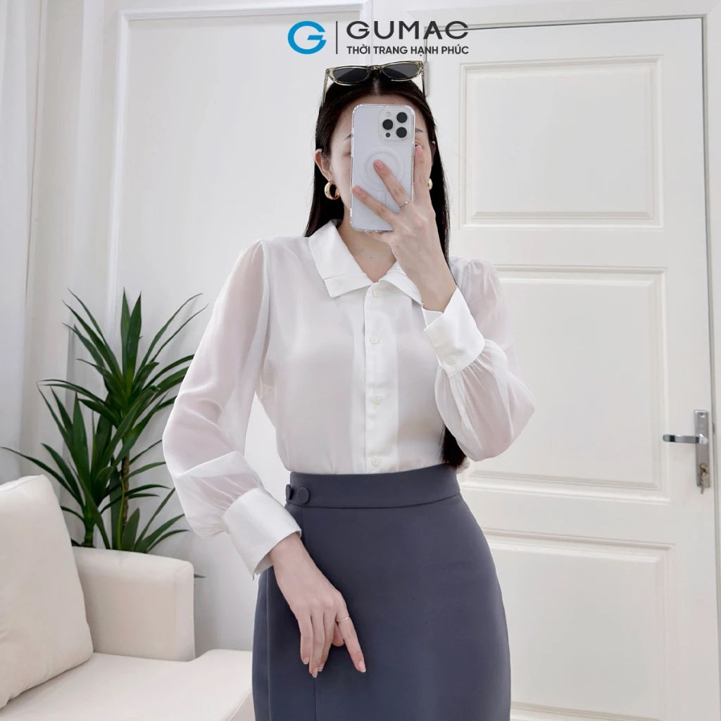 Áo sơ mi nữ cổ V màu trắng kết hợp giữa hai chất liệu lụa silk và voan tơ mềm mịn thời trang GUMAC LAF0711