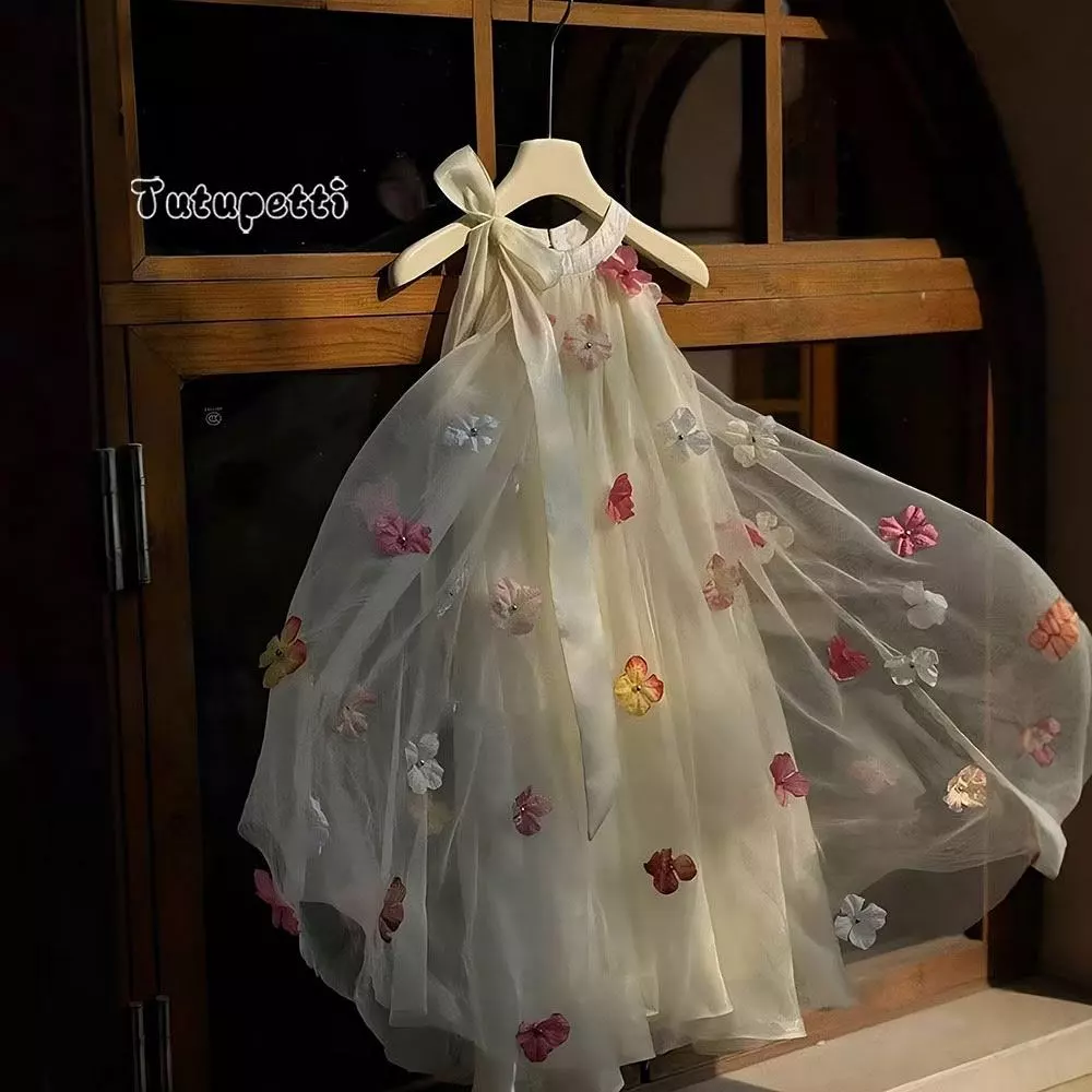 Đầm váy công chúa cho bé gái Tutupetti chất voan cổ yểm phối nơ đính hoa xinh xắn đáng yêu
