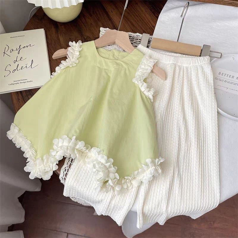 Bộ đồ bé gái phong cách Hàn Quốc, váy tank cotton mỏng có viền ren, quần dài ren cho trẻ em, bộ hai món giao hàng nhanh
