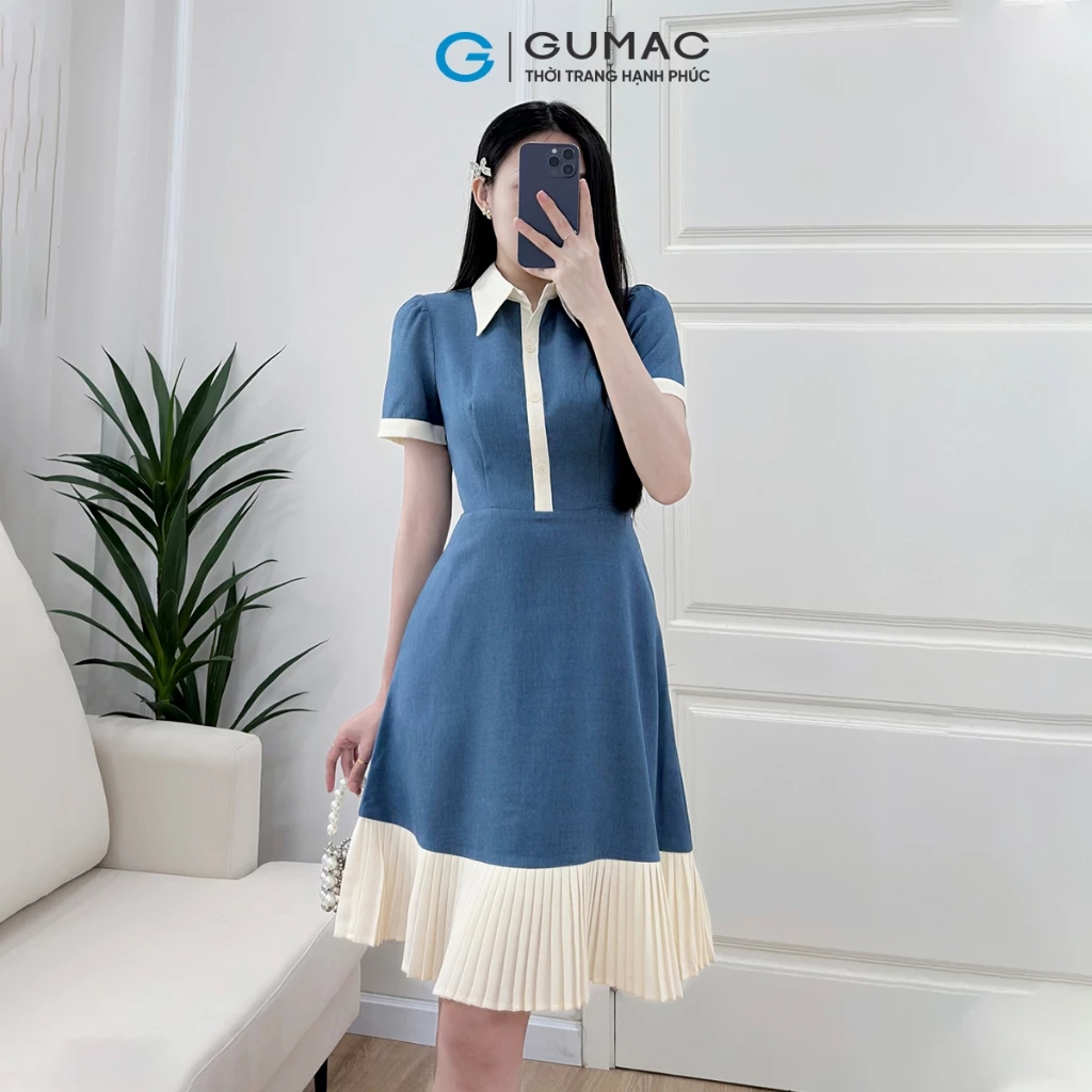 Đầm nữ A cổ sơ mi kiểu dập ly be kem phối nẹp thời trang GUMAC LDF0616