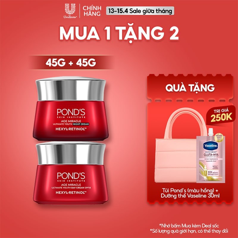 Bộ Kem dưỡng ngày đêm Pond's Age Miracle mờ đốm nâu và nếp nhăn với 50X Hexyl-Retinol 45G