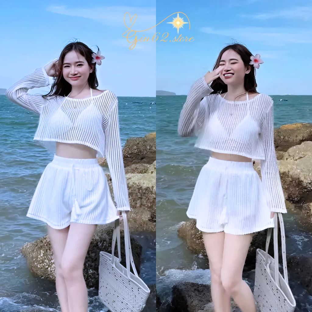 Set đồ nữ 3 món đi biển Bộ bikini ren lưới dài tay kèm quần short cạp cao 2 lớp hàng loại 1 Gin62