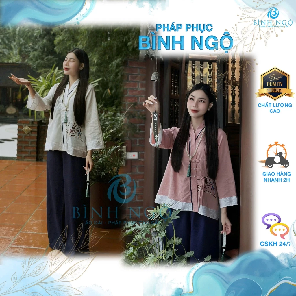 Đồ lam đi chùa nữ bộ pháp phục hoạ tiết Nhà bình an, nhẹ nhàng đi lễ chùa thanh lịch - Pháp Phục Bình Ngộ