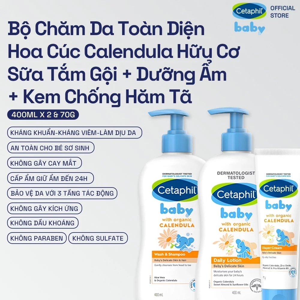 Bộ Sữa tắm gội 400ML + Sữa dưỡng ẩm 400ML + Kem chống hăm tã 70G dịu lành cho bé với Calendula hoa cúc hữu cơ