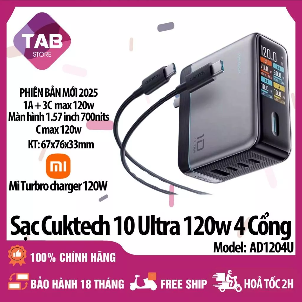 Sạc Cuktech 10 Ultra 120w 4 Cổng (3C+1A) Mi turbro 120W Có Màn Hình PD3.0/PPS2.0/QC AD1204U -Bảo Hành 18 Tháng