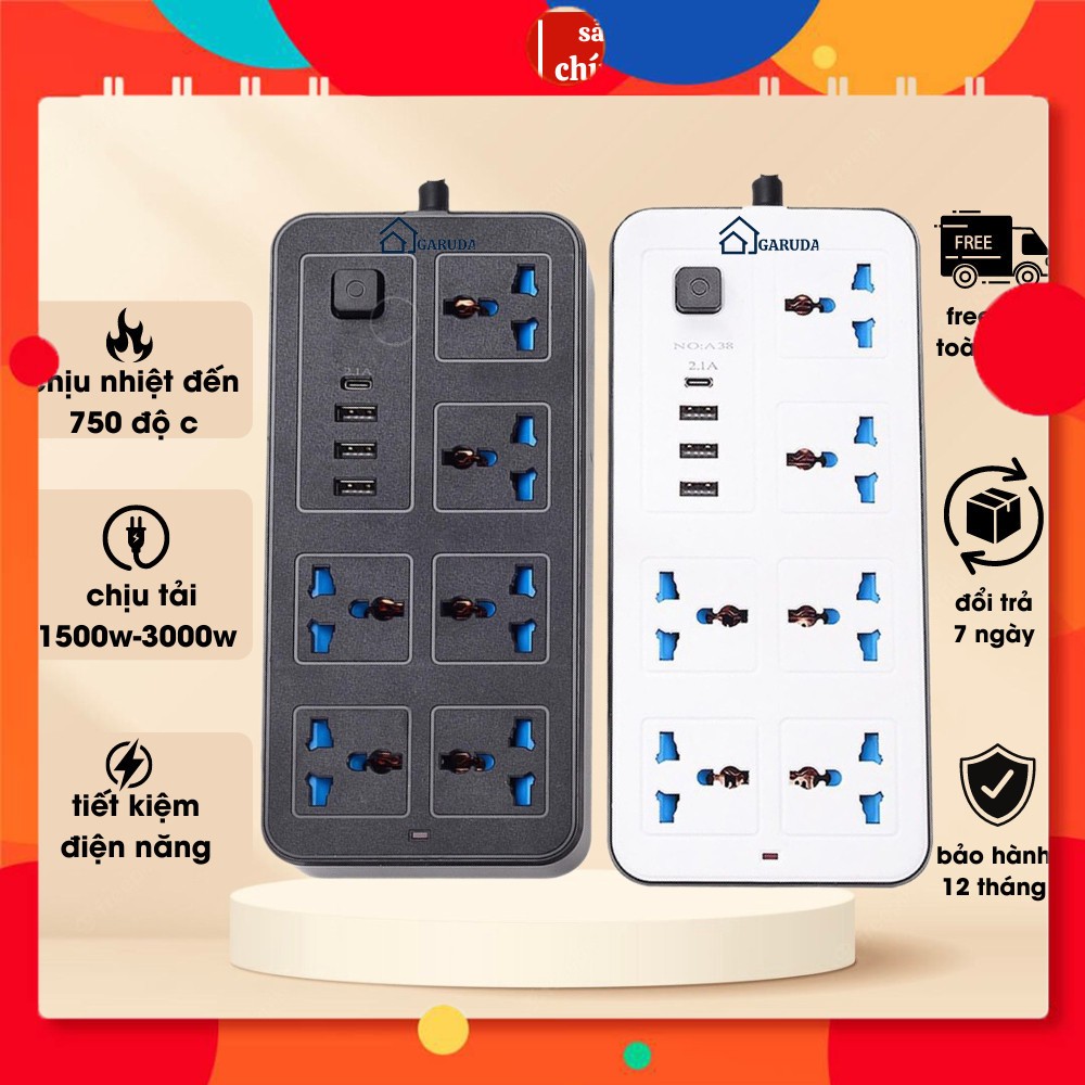 Ổ điện đa năng chính hãng GARUDA 3 cổng USB 15v sạc nhanh, 1 type c, chống cháy, ổ chịu tải 1500W đến 3000W, nhựa pp