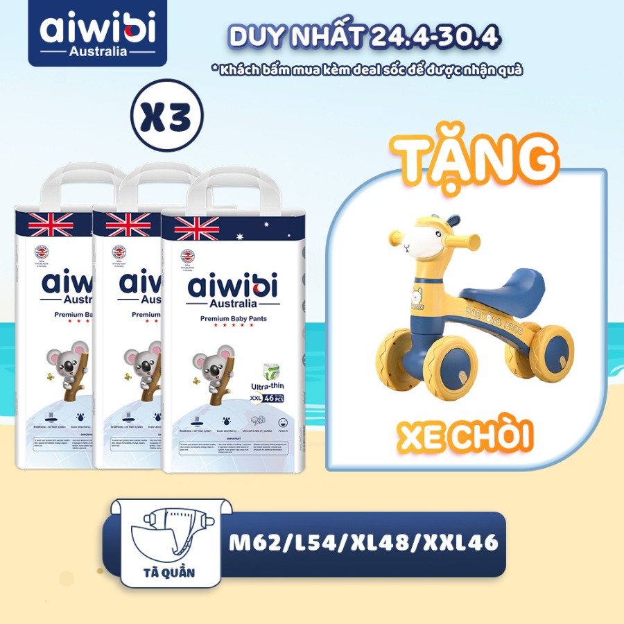 Combo 3 Tã/bỉm quần cao cấp Aiwibi Light Feather Hấp thụ tức thời Khóa độ ẩm Gói cực lớn M62/L54/XL48/XXL46