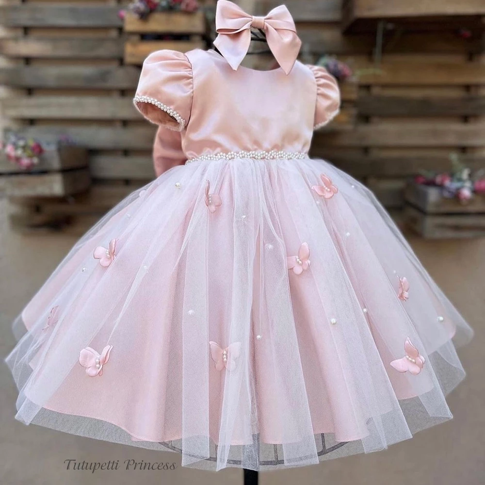 Đầm váy công chúa cho bé gái Tutupetti màu hồng phấn đính nơ hoa đáng yêu