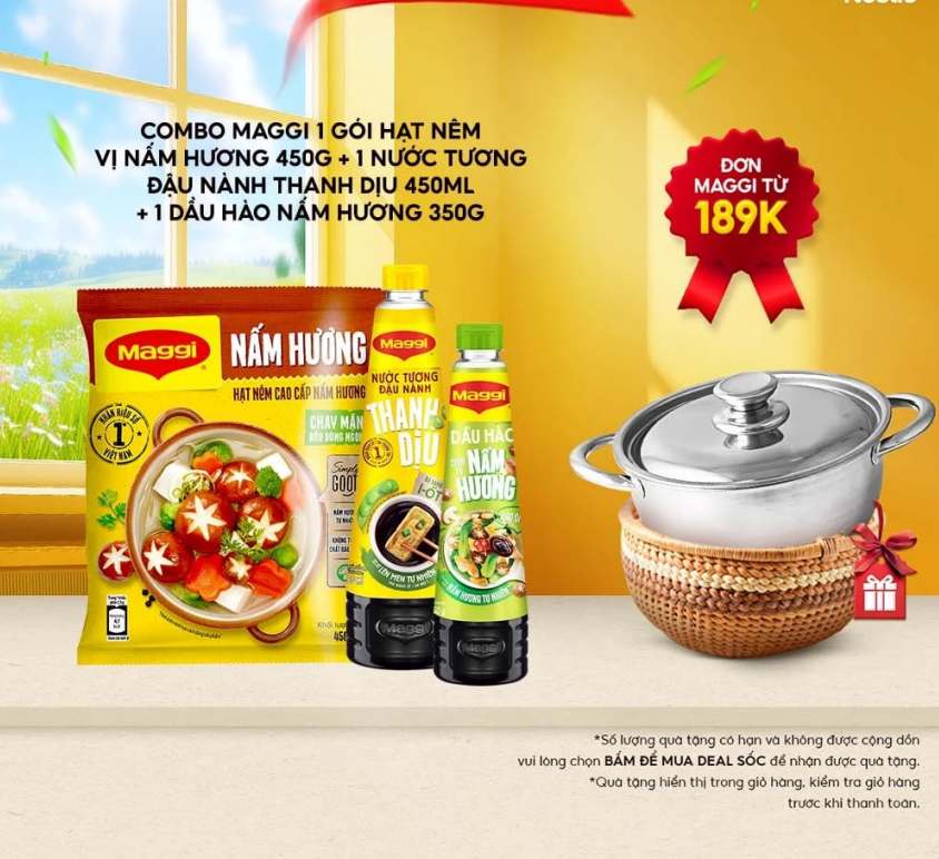 Combo Maggi 1 gói Hạt nêm vị Nấm Hương 450g + 1 Nước tương đậu nành thanh dịu 450ml + 1 Dầu Hào Nấm Hương 350g
