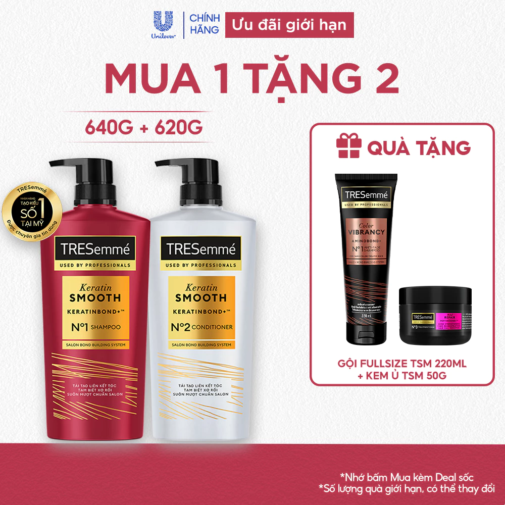 [Diện mạo mới] Combo Dầu Gội, Dầu Xả TRESemmé Keratin Smooth Keratinbond+ Cho Tóc Khô Xơ Rối Vào Nếp Suôn Mượt 640g