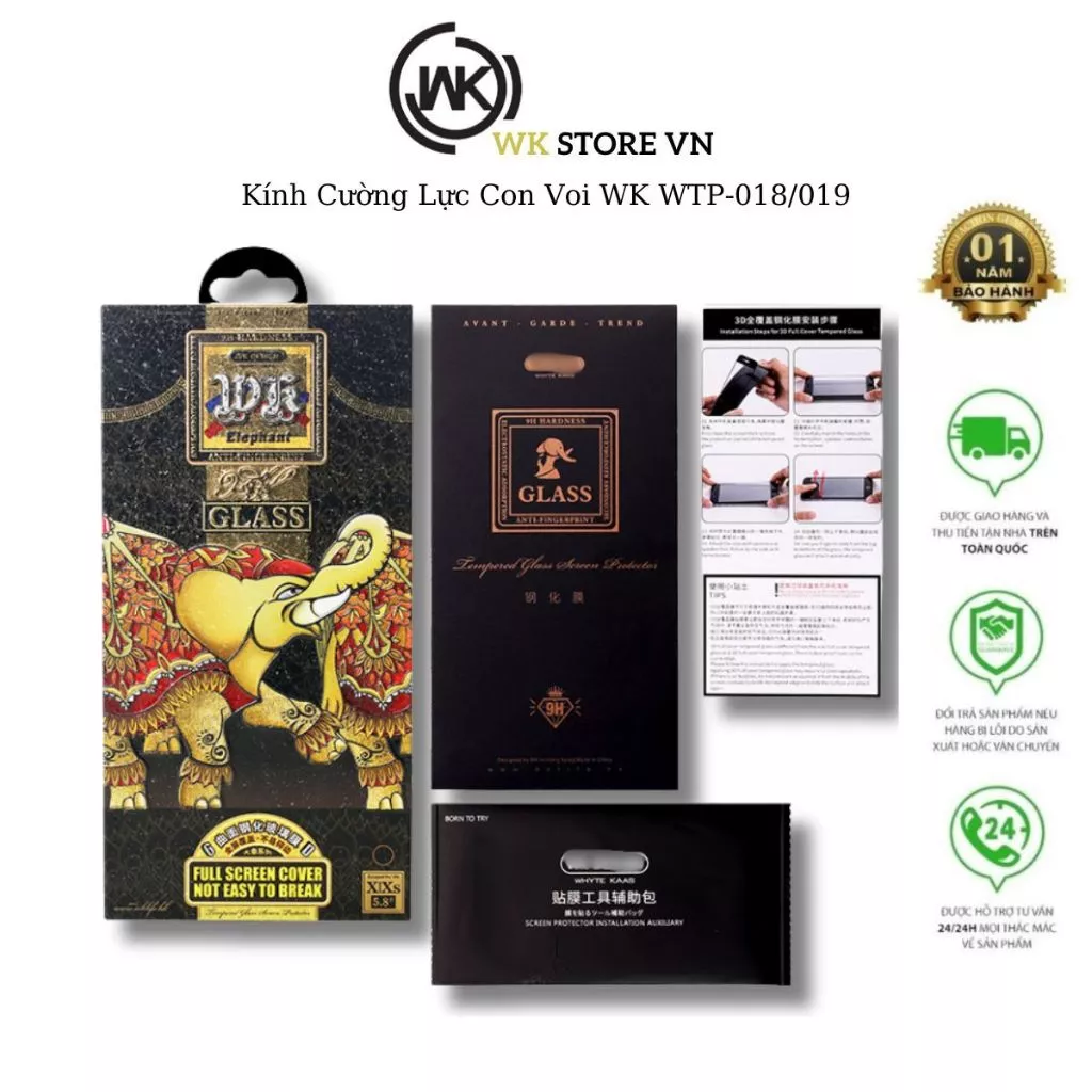 Kính Cường Lực Hình Con Voi WK WTP018/019 Độ Cứng 9H Chống Xước Viền Và Hạn Chế Vân Tay cho lP 11 12 13 14 15 16Promax