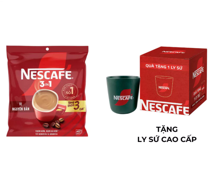 [Tặng ly sứ cao cấp] Cà phê Hòa tan NESCAFÉ VỊ NGUYÊN BẢN 46 gói Đậm Thơm Hoàn Hảo (Bịch 46+3 gói x 16g)