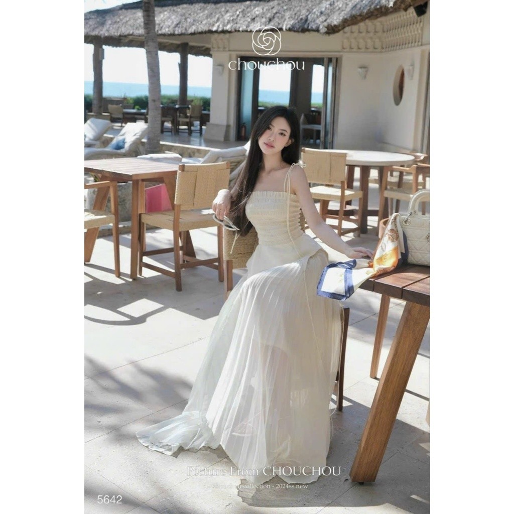 Set áo nữ 2 dây chạy mocking lai nhọn kèm chân váy dài dập ly chuẩn form