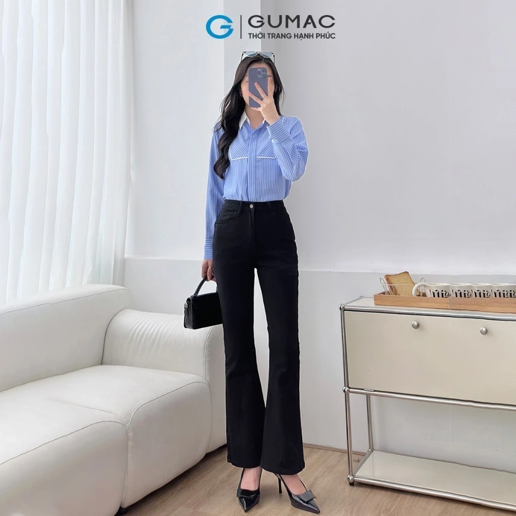 Quần jeans nữ ống loe ôm nhẹ màu đen phối túi tôn dáng denim mềm co giãn nhẹ thời trang GUMAC LQJF0540