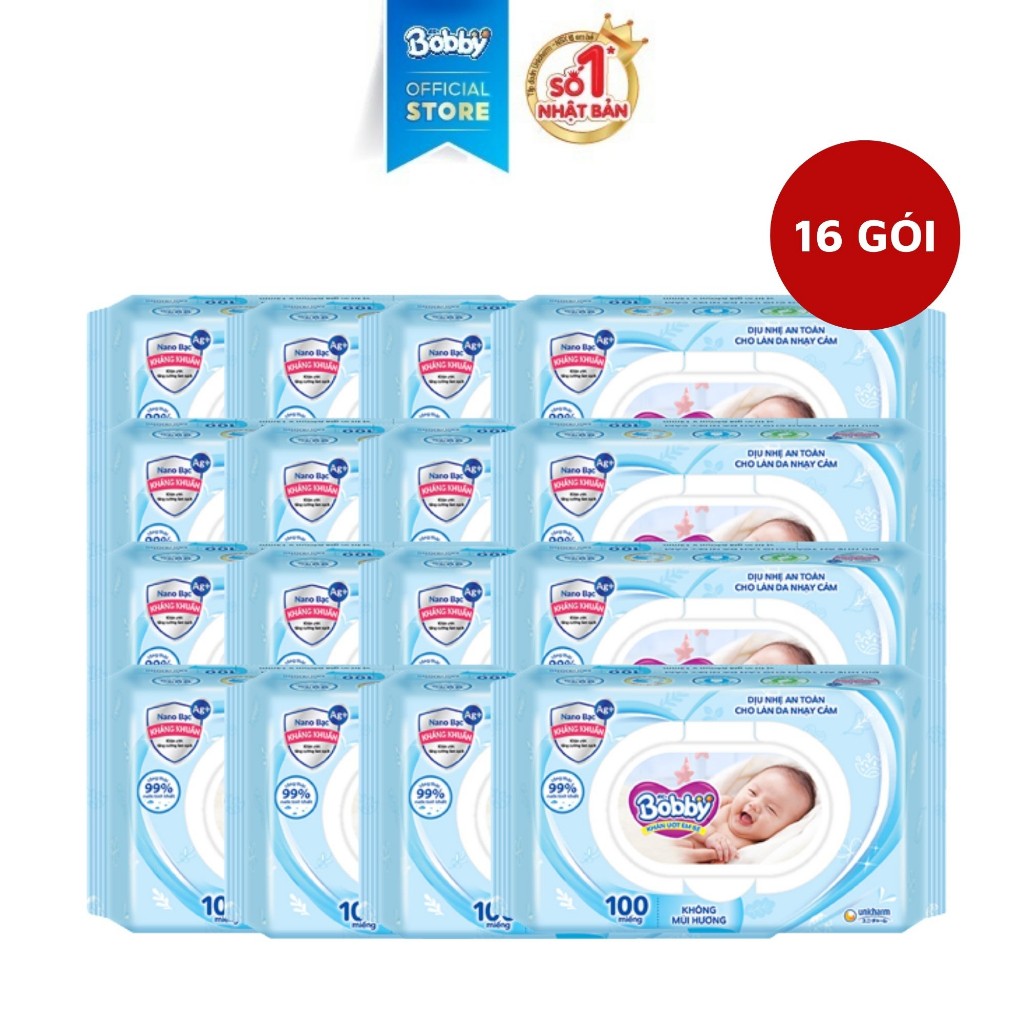 Thùng 16 Gói Khăn ướt Bobby không mùi 100 miếng/gói (Xanh)