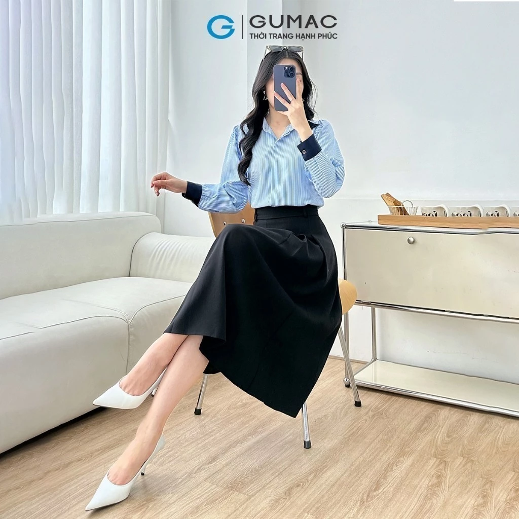 Áo sơ mi nữ sọc xanh tay dài phối xanh đen nẹp đôi giấu nút công sở thời trang GUMAC LAF0532