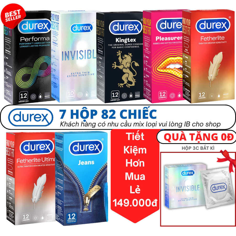 Combo Vương Gia 7 Hộp 72 Bao Cao Su Durex Siêu Mỏng, Kéo Dài Thời Gian, Ôm sát, Gân Gai Chính Hãng - Durex